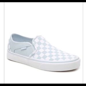 Baby blue Asher checkerboard slip on Vans